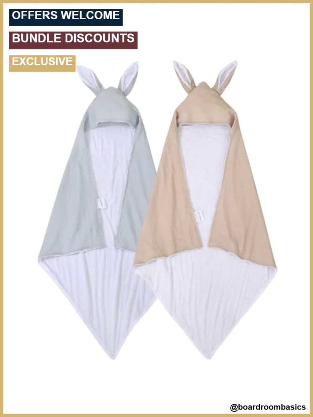 2 Pack Hooded Baby Towels Cotton Muslin Bamboo Terry 3D Bunny Ear